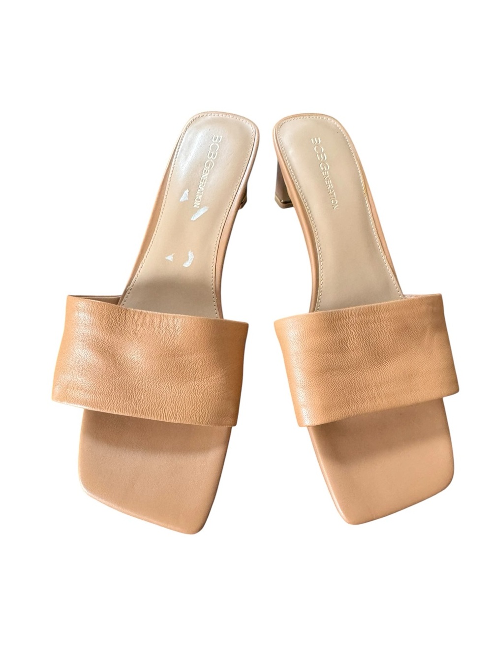 BCBGeneration Kerin Tan Leather Square Toe Mule Sandals Block Heel Size 10